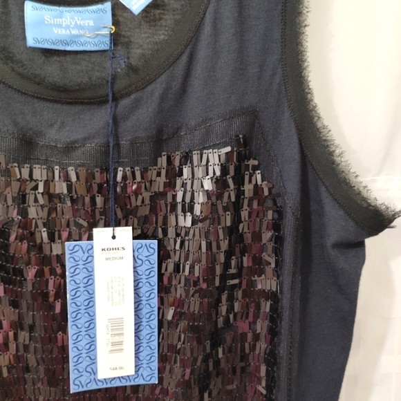 Vera Wang Tank Top Black Sequins Eyelash Lace Edges Cotton Blend Medium M - Picture 6 of 11